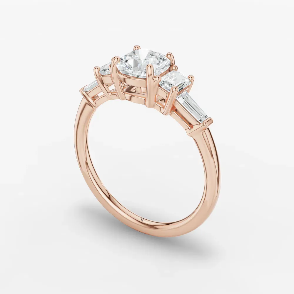 Certified 1 carat Lab Grown Diamond Cushion Cut Five Stone, Baguette, Art Deco Engagement Ring in 14K Rose Gold-Olume