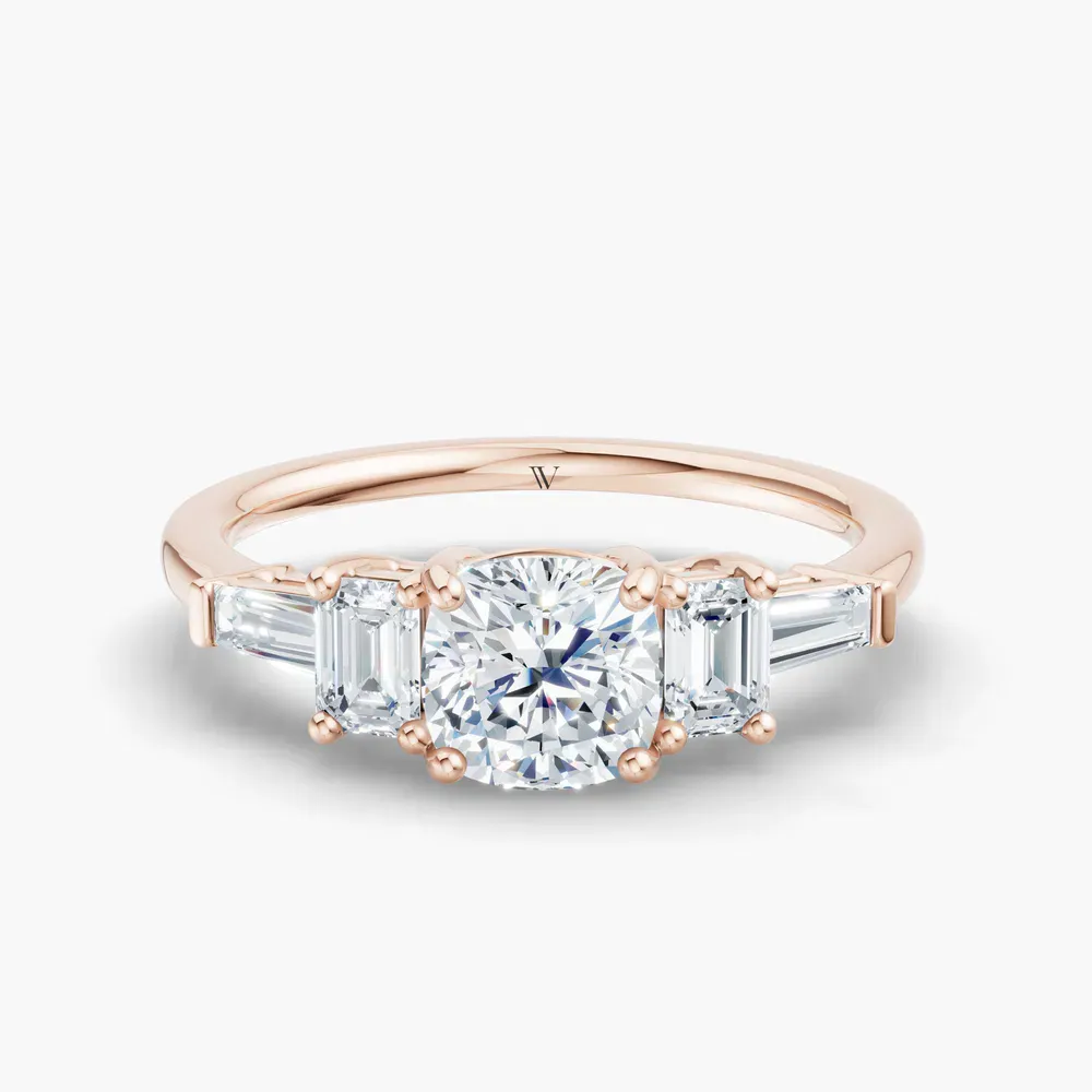 Certified 1 carat Lab Grown Diamond Cushion Cut Five Stone, Baguette, Art Deco Engagement Ring in 14K Rose Gold-Olume