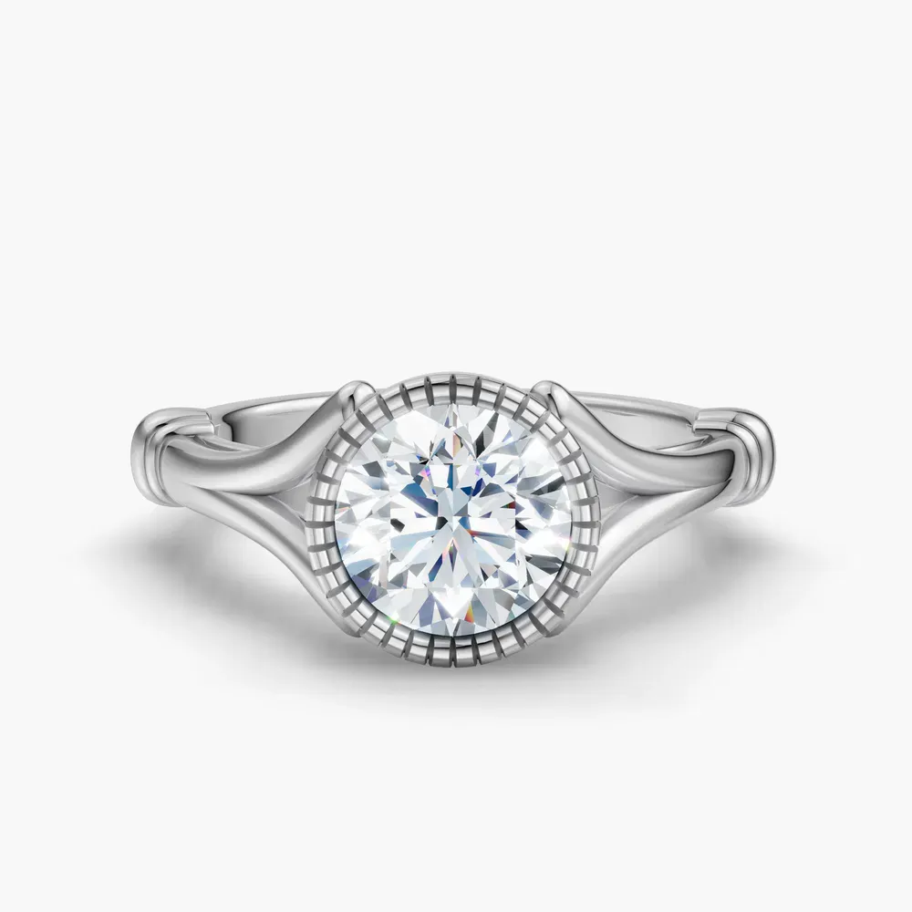 Certified 1 carat Lab Grown Diamond Round Cut Solitaire, Split Shank, Bezel Engagement Ring in 14K White Gold-Nerea