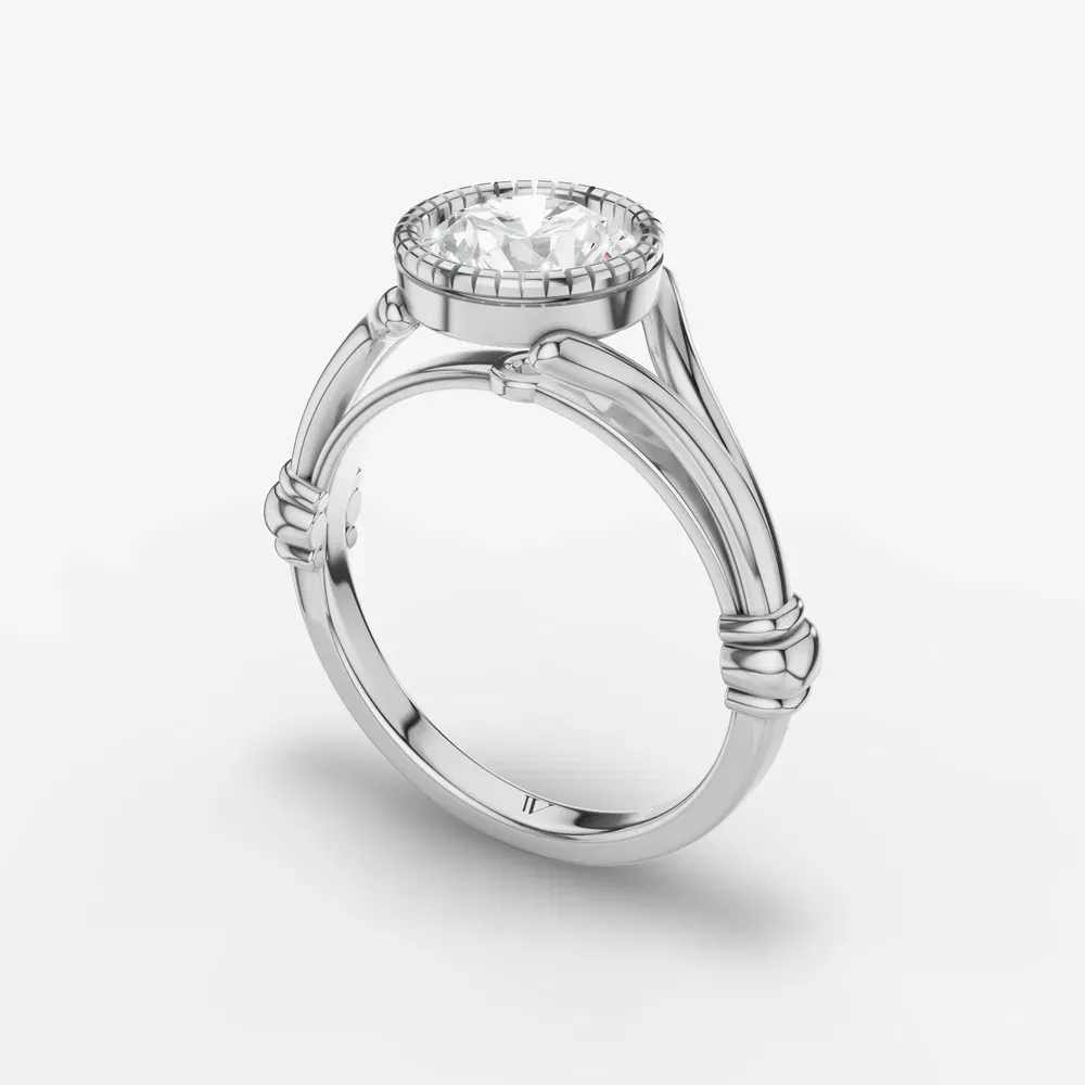 Certified 1 carat Lab Grown Diamond Round Cut Solitaire, Split Shank, Bezel Engagement Ring in 14K White Gold-Nerea