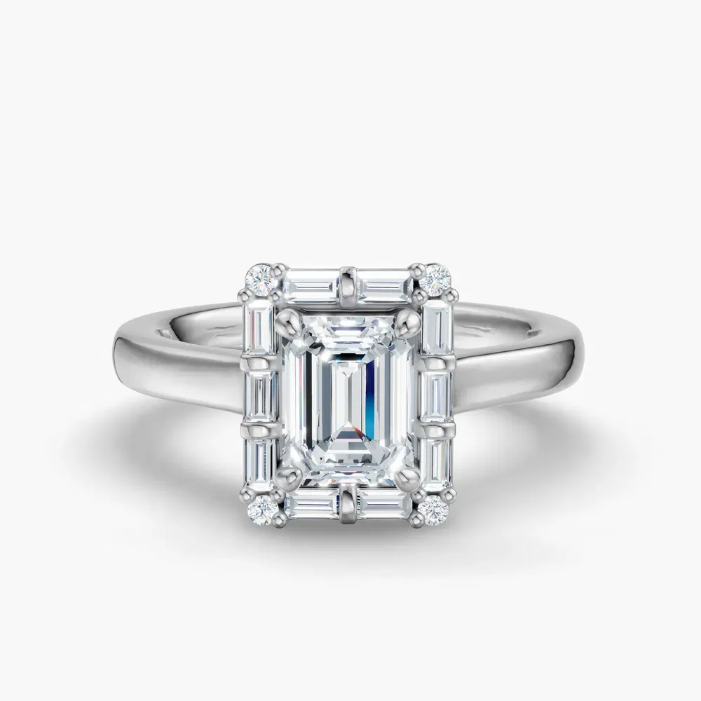 Certified 1 carat Lab Grown Diamond Emerald Cut Art Deco, Halo, Baguette Engagement Ring in 14K White Gold-Miriel