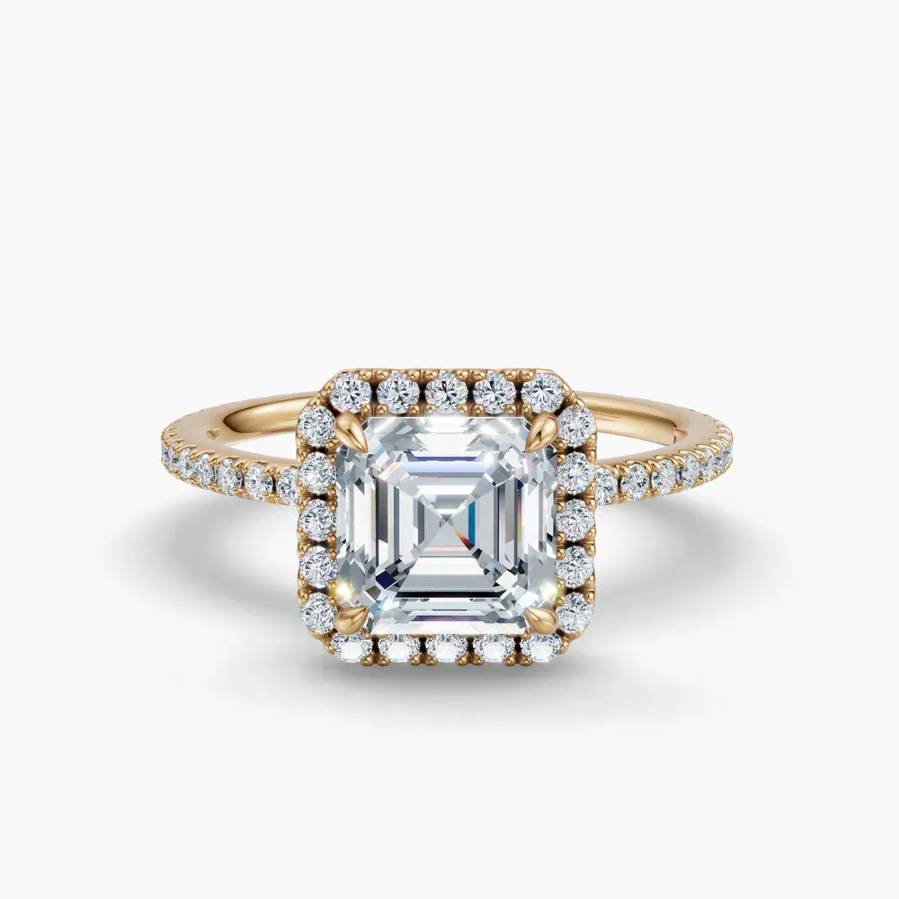 Certified 1 carat Lab Grown Diamond Asscher Cut Pavé, Halo, Hidden Halo Engagement Ring in 14K Yellow Gold-Jynl