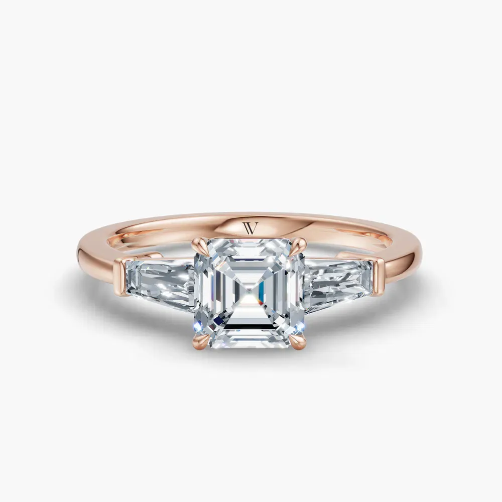 Certified 1 carat Lab Grown Diamond Asscher Cut Three Stone, Baguette, Cathedral Engagement Ring in 14K Rose Gold-Glyss