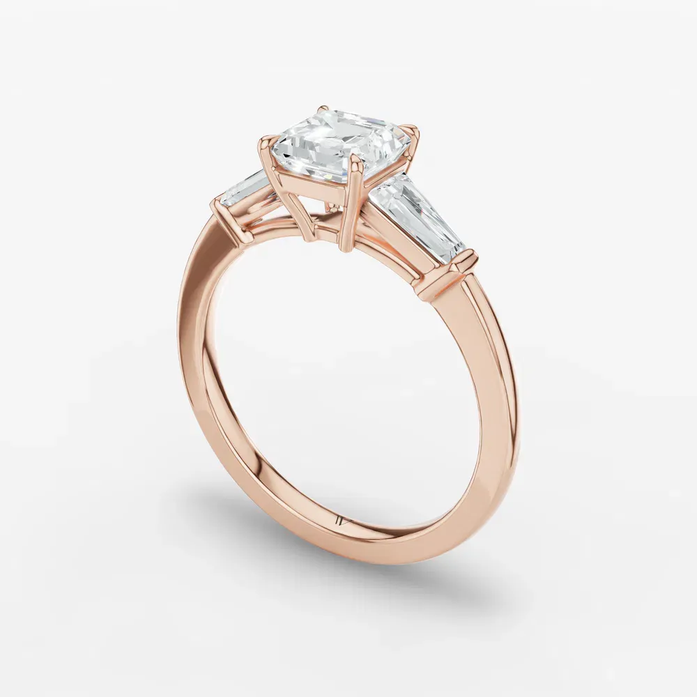 Certified 1 carat Lab Grown Diamond Asscher Cut Three Stone, Baguette, Cathedral Engagement Ring in 14K Rose Gold-Glyss