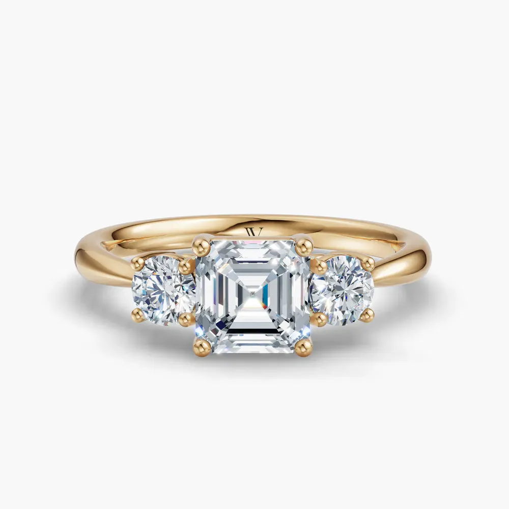 Certified 1 carat Lab Grown Diamond Asscher Cut Three Stone, Side Stone, Low profile Engagement Ring in 14K Yellow Gold-Dhyra