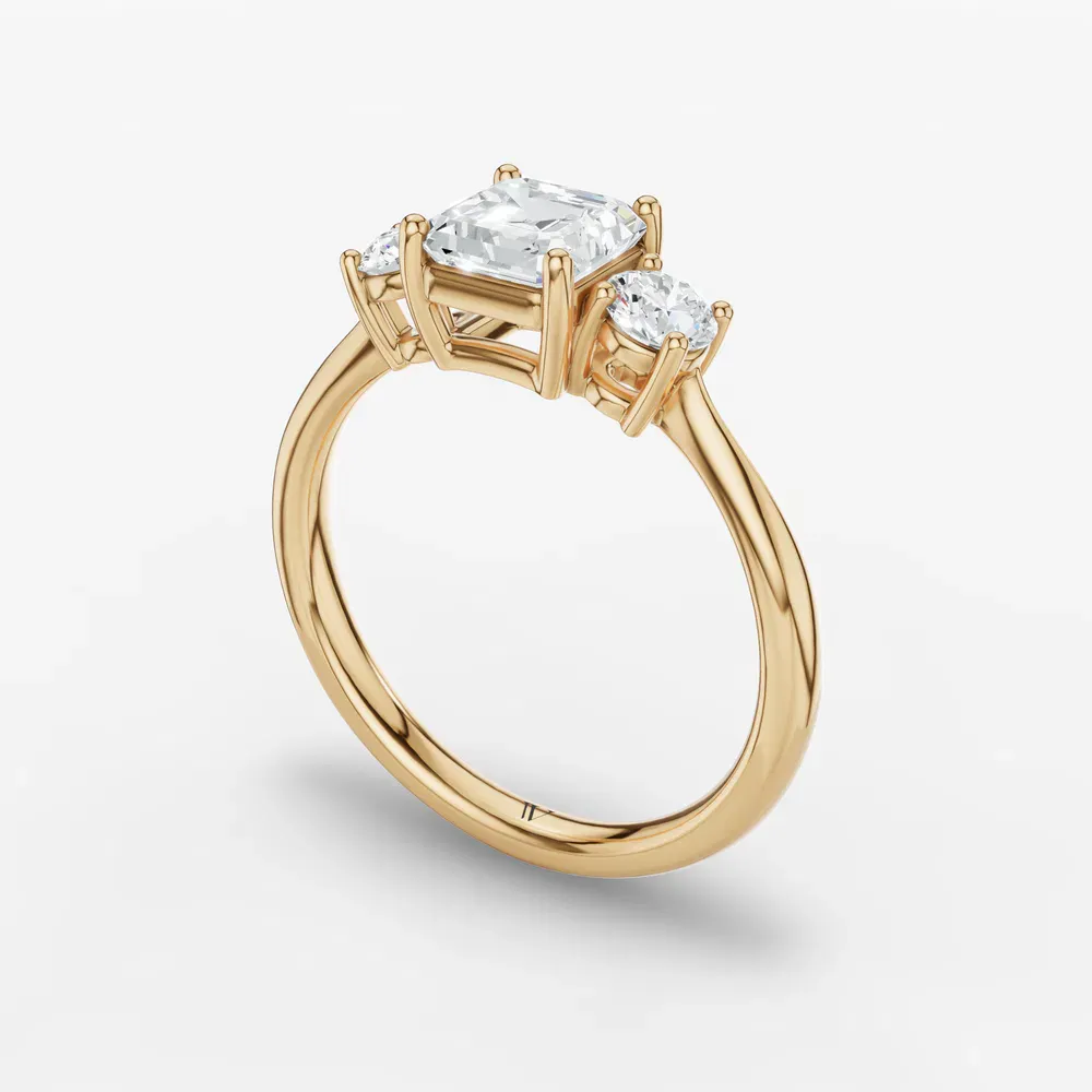 Certified 1 carat Lab Grown Diamond Asscher Cut Three Stone, Side Stone, Low profile Engagement Ring in 14K Yellow Gold-Dhyra