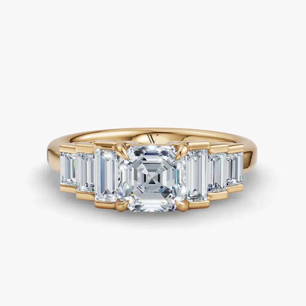 Certified 1 carat Lab Grown Diamond Asscher Cut Baguette, Art Deco, Side Stone Engagement Ring in 14K Yellow Gold-Zepy
