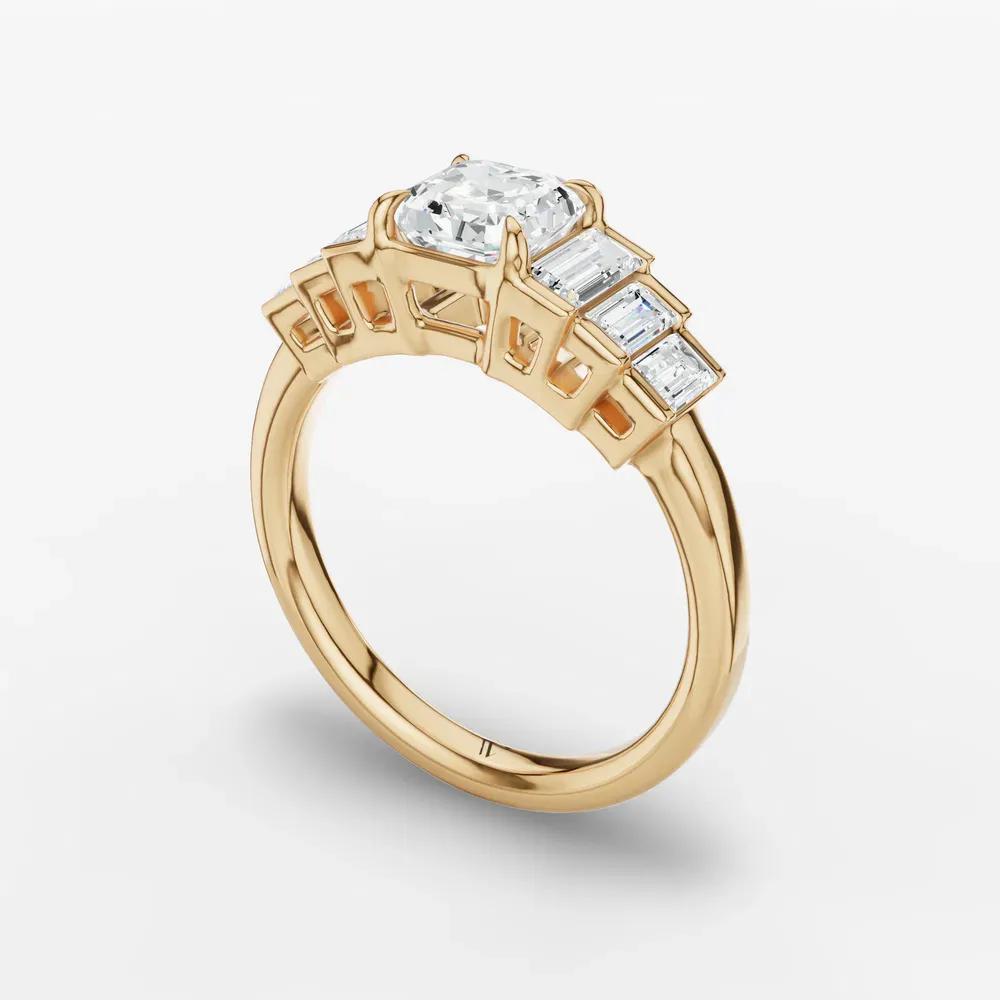 Certified 1 carat Lab Grown Diamond Asscher Cut Baguette, Art Deco, Side Stone Engagement Ring in 14K Yellow Gold-Zepy