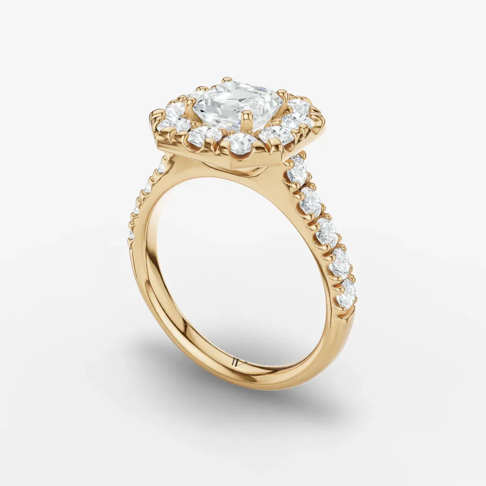 Certified 1 carat Lab Grown Diamond Asscher Cut Halo, Pavé, Cathedral Engagement Ring in 14K Yellow Gold-Astrid
