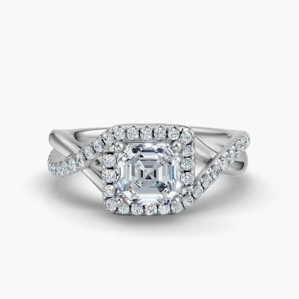 Certified 1 carat Lab Grown Diamond Asscher Cut Halo, Pavé, Twist Engagement Ring in 14K White Gold-Dell