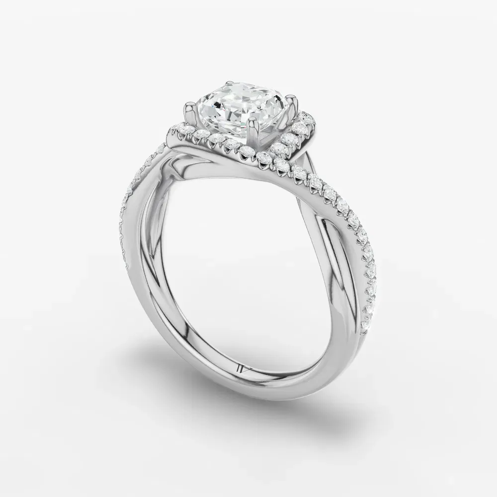 Certified 1 carat Lab Grown Diamond Asscher Cut Halo, Pavé, Twist Engagement Ring in 14K White Gold-Dell