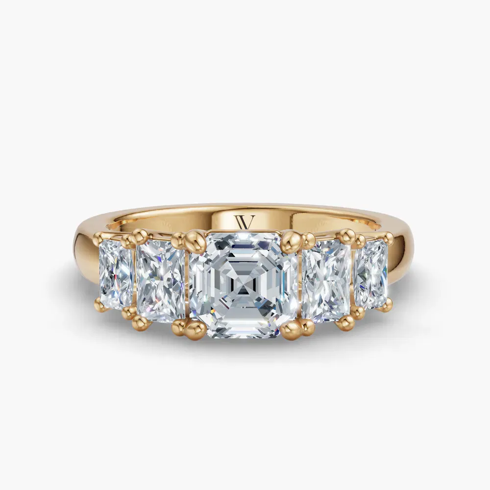 Certified 1 carat Lab Grown Diamond Asscher Cut Five Stone, Side Stone Engagement Ring in 14K Yellow Gold-Velaris