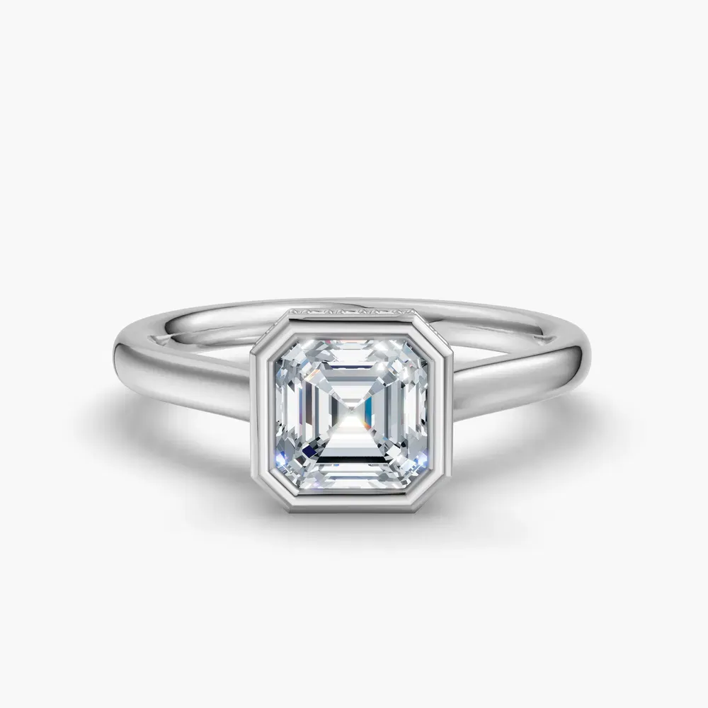 Certified 1 carat Lab Grown Diamond Asscher Cut Bezel, Solitaire, Hidden Halo Engagement Ring in 14K White Gold-Nival
