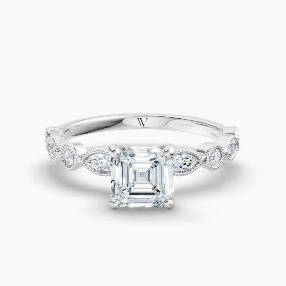 Certified 1 carat Lab Grown Diamond Asscher Cut Vintage, Milgrain, Side Stone Engagement Ring in 14K White Gold-Sior