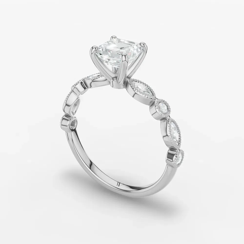 Certified 1 carat Lab Grown Diamond Asscher Cut Vintage, Milgrain, Side Stone Engagement Ring in 14K White Gold-Sior
