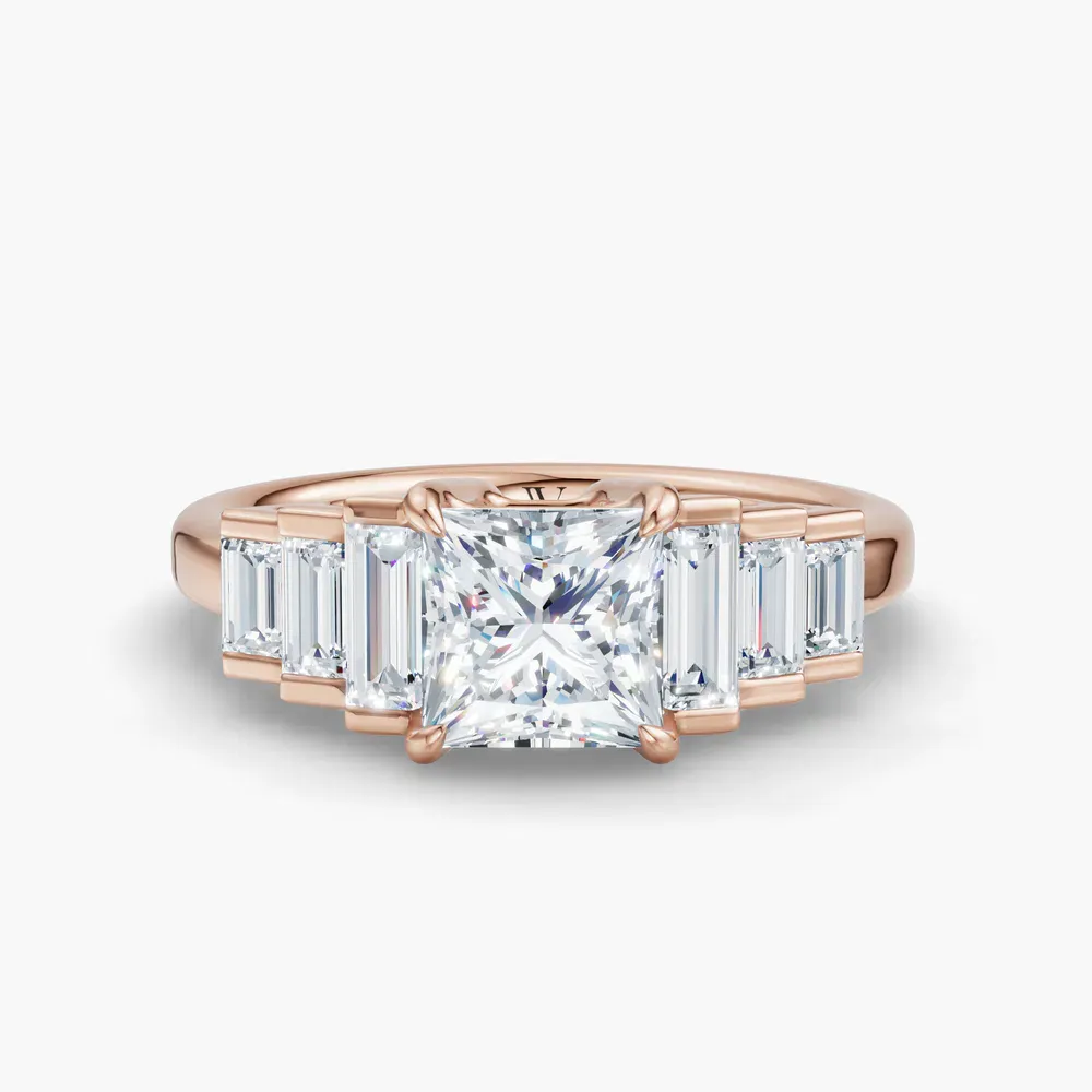Certified 1 carat Lab Grown Diamond Princess Cut Baguette, Art Deco, Side Stone Engagement Ring in 14K Rose Gold-Zepy