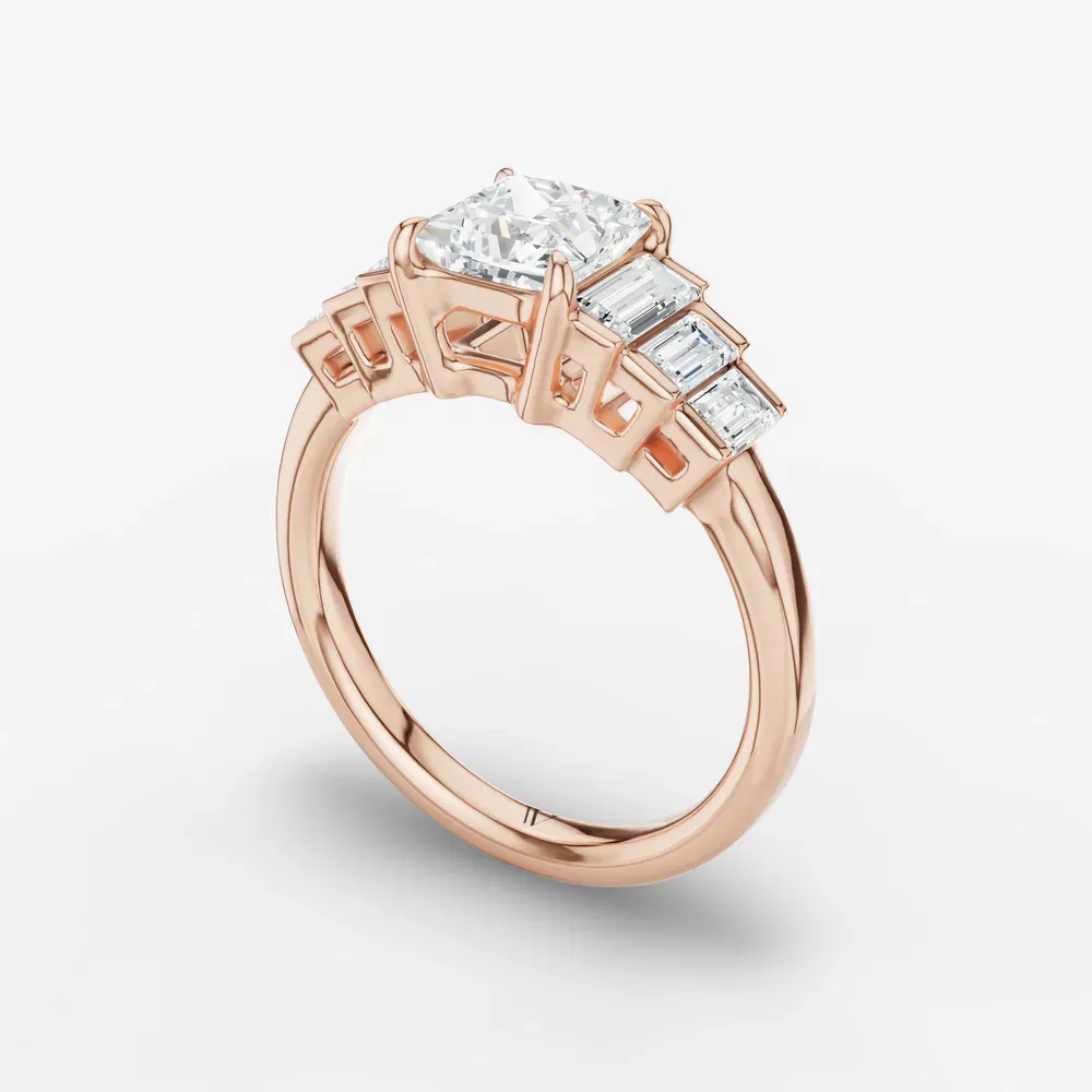 Certified 1 carat Lab Grown Diamond Princess Cut Baguette, Art Deco, Side Stone Engagement Ring in 14K Rose Gold-Zepy