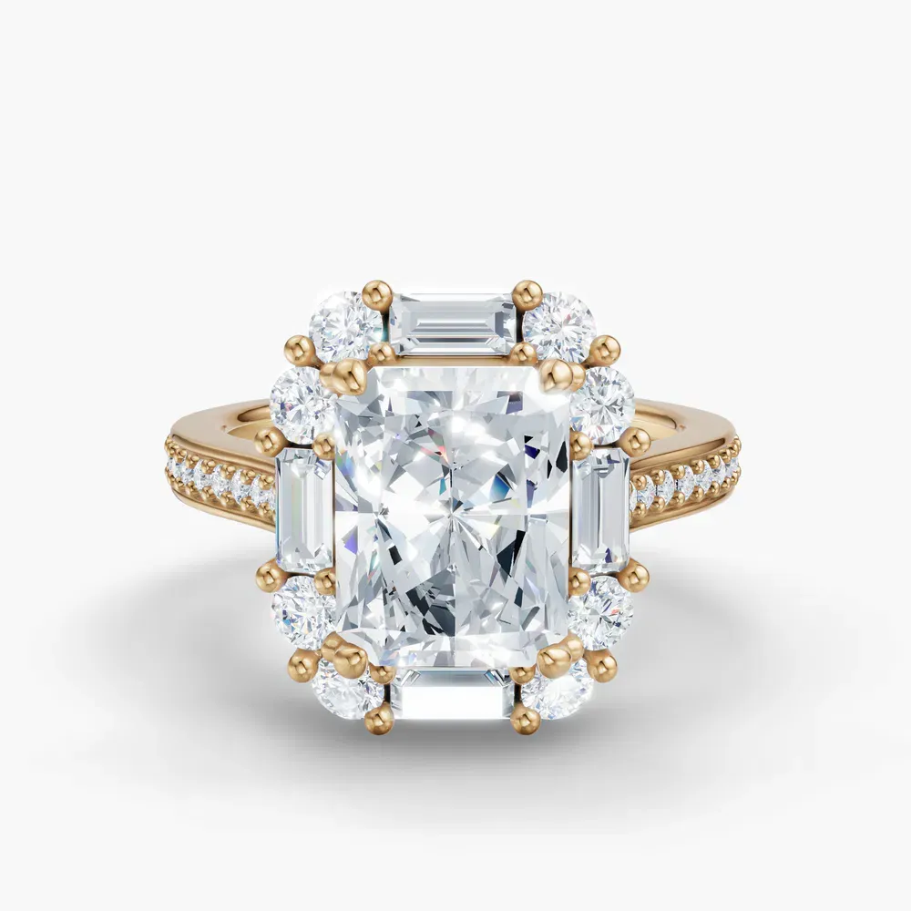 Certified 2 carat Lab Grown Diamond Radiant Cut Halo, Art Deco, Cathedral Engagement Ring in 14K Yellow Gold-Crysle