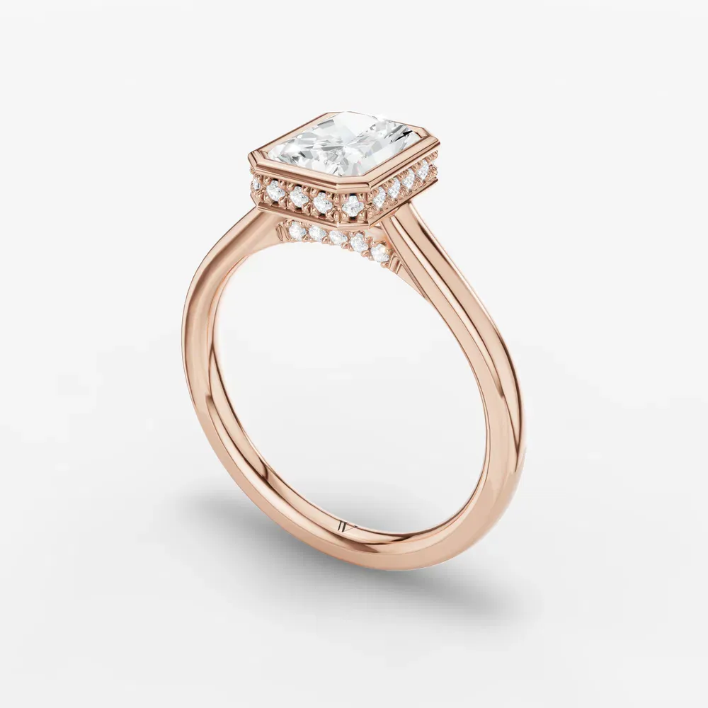 Certified 1 carat Lab Grown Diamond Radiant Cut Bezel, Solitaire, Hidden Halo Engagement Ring in 14K Rose Gold-Nival