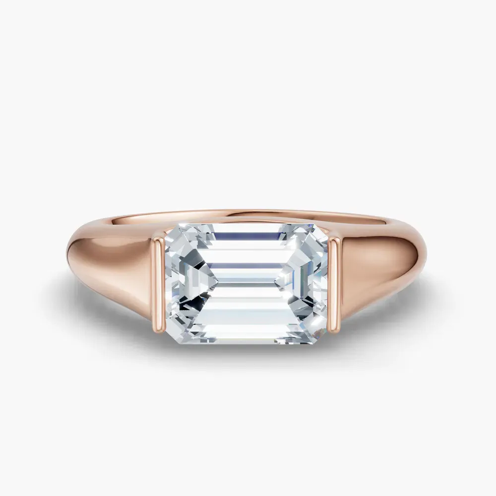 Certified 1 carat Lab Grown Diamond Emerald Cut Solitaire, Bezel, East-West Engagement Ring in 14K Rose Gold-Elen