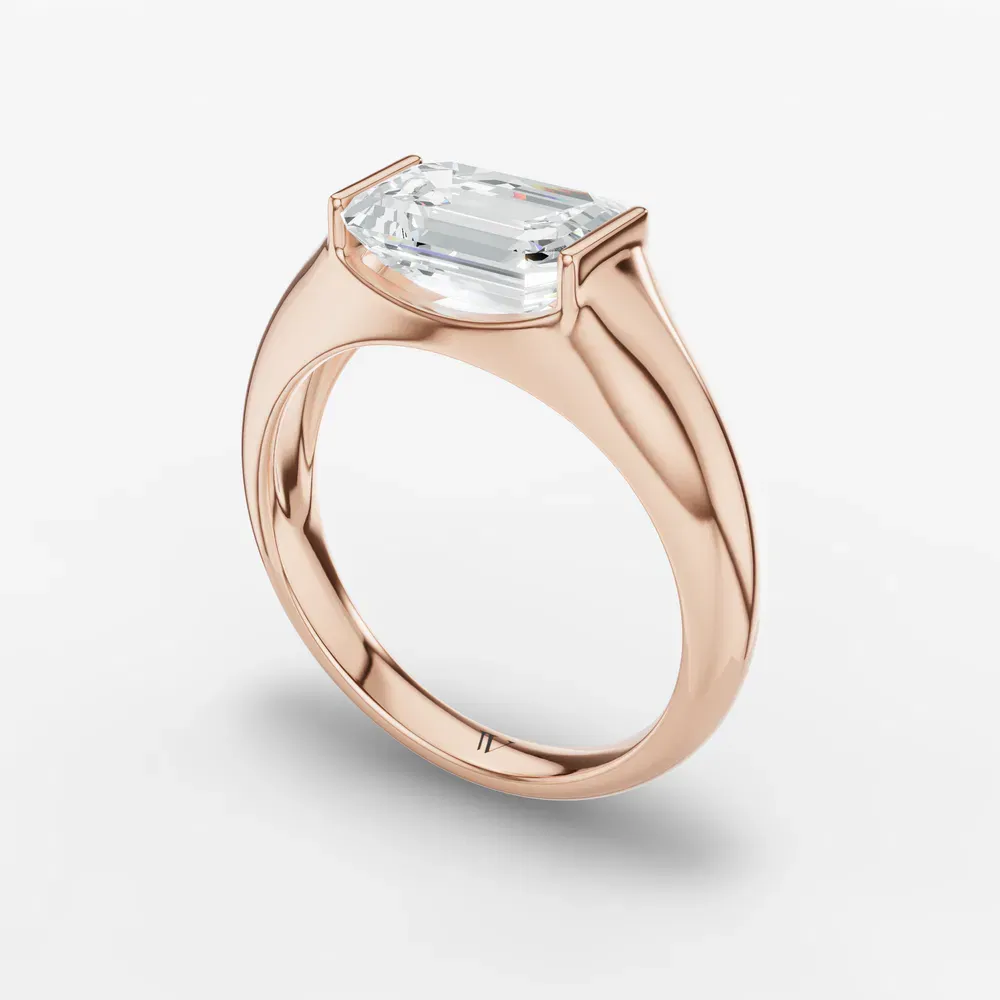 Certified 1 carat Lab Grown Diamond Emerald Cut Solitaire, Bezel, East-West Engagement Ring in 14K Rose Gold-Elen