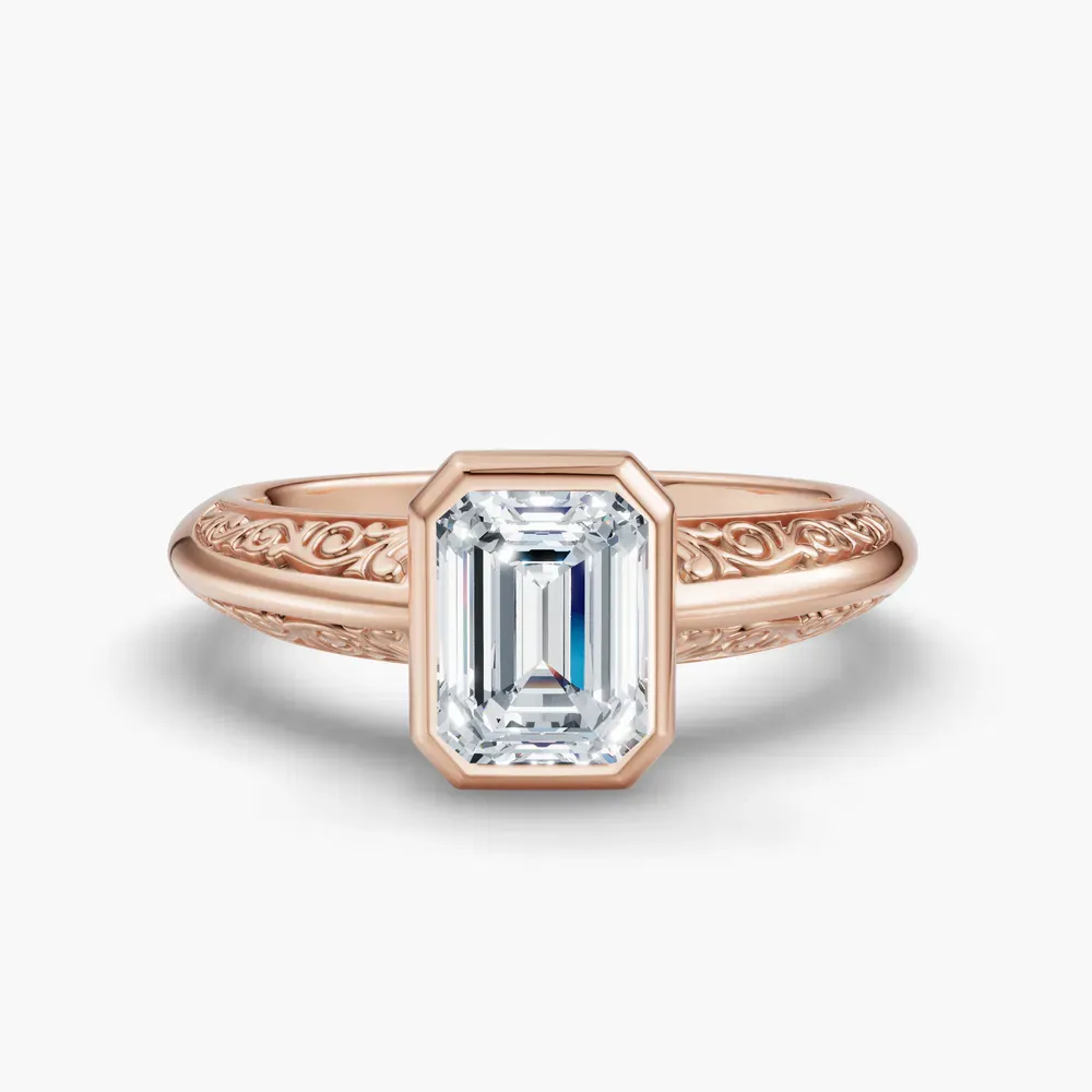 Certified 1 carat Lab Grown Diamond Emerald Cut Solitaire, Vintage, Bezel Engagement Ring in 14K Rose Gold-Veyra
