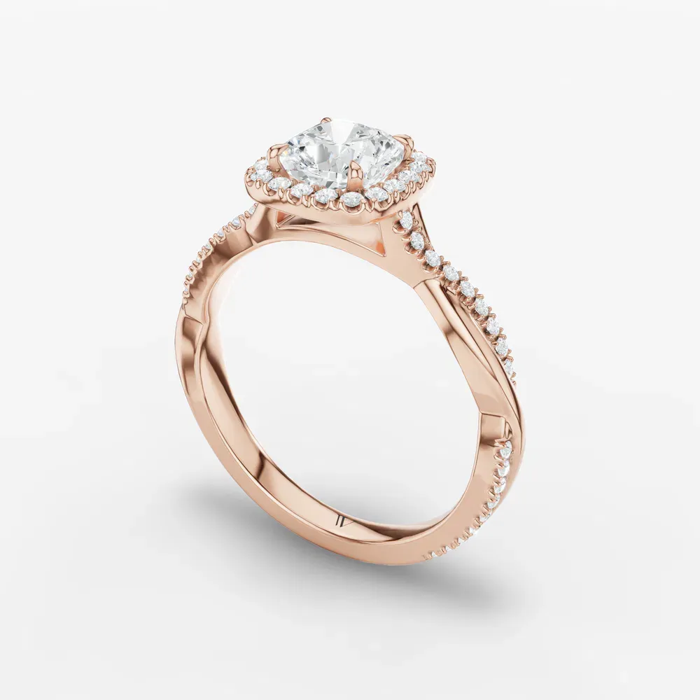 Certified 1 carat Lab Grown Diamond Cushion Cut Twist, Cathedral, Pavé Engagement Ring in 14K Rose Gold-Itic