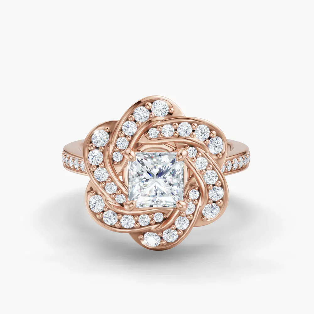 Certified 1 carat Lab Grown Diamond Princess Cut Floral, Nature inspired, Cathedral Engagement Ring in 14K Rose Gold-Vorina