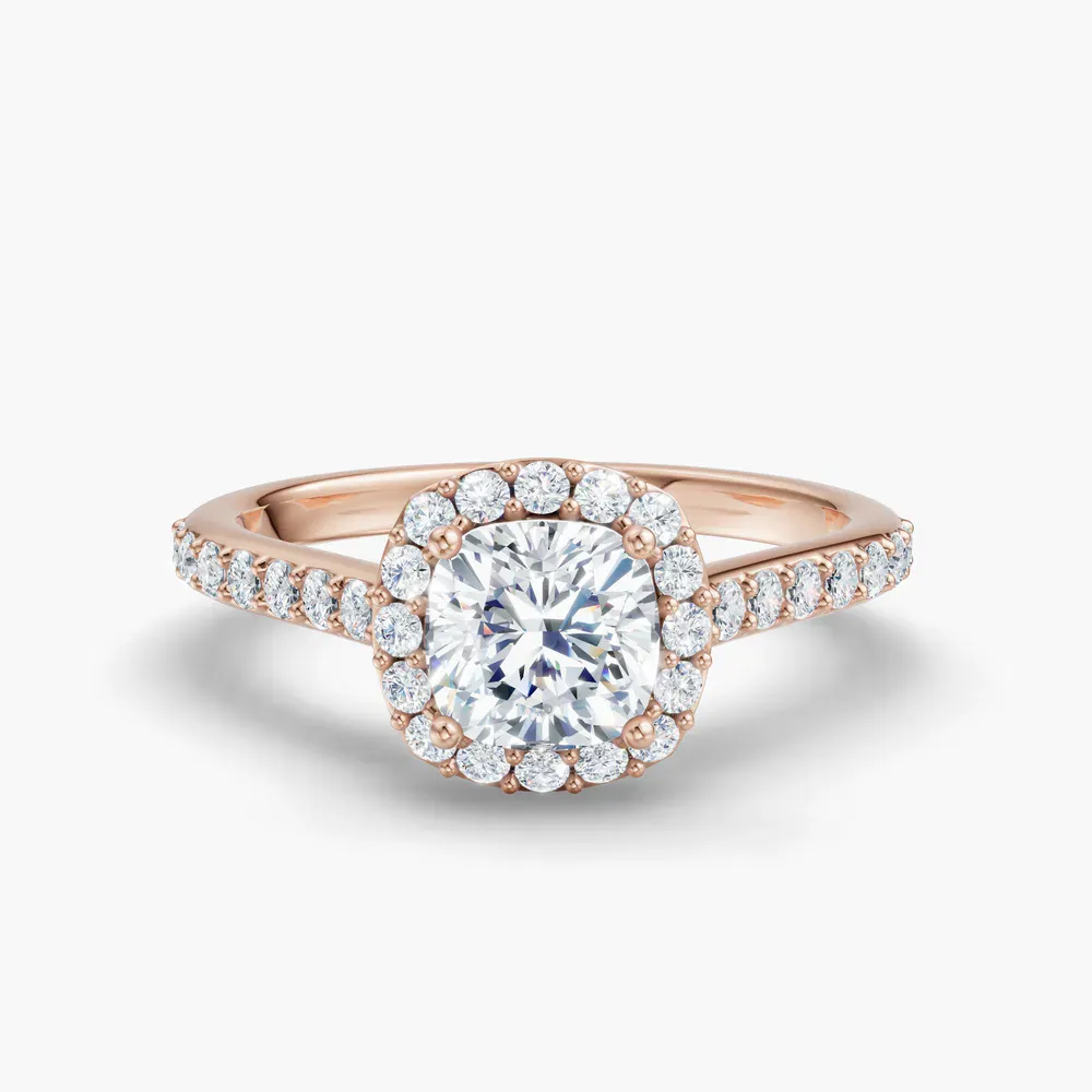 Certified 1 carat Lab Grown Diamond Cushion Cut Pavé, Halo, Cathedral Engagement Ring in 14K Rose Gold-Kvolt