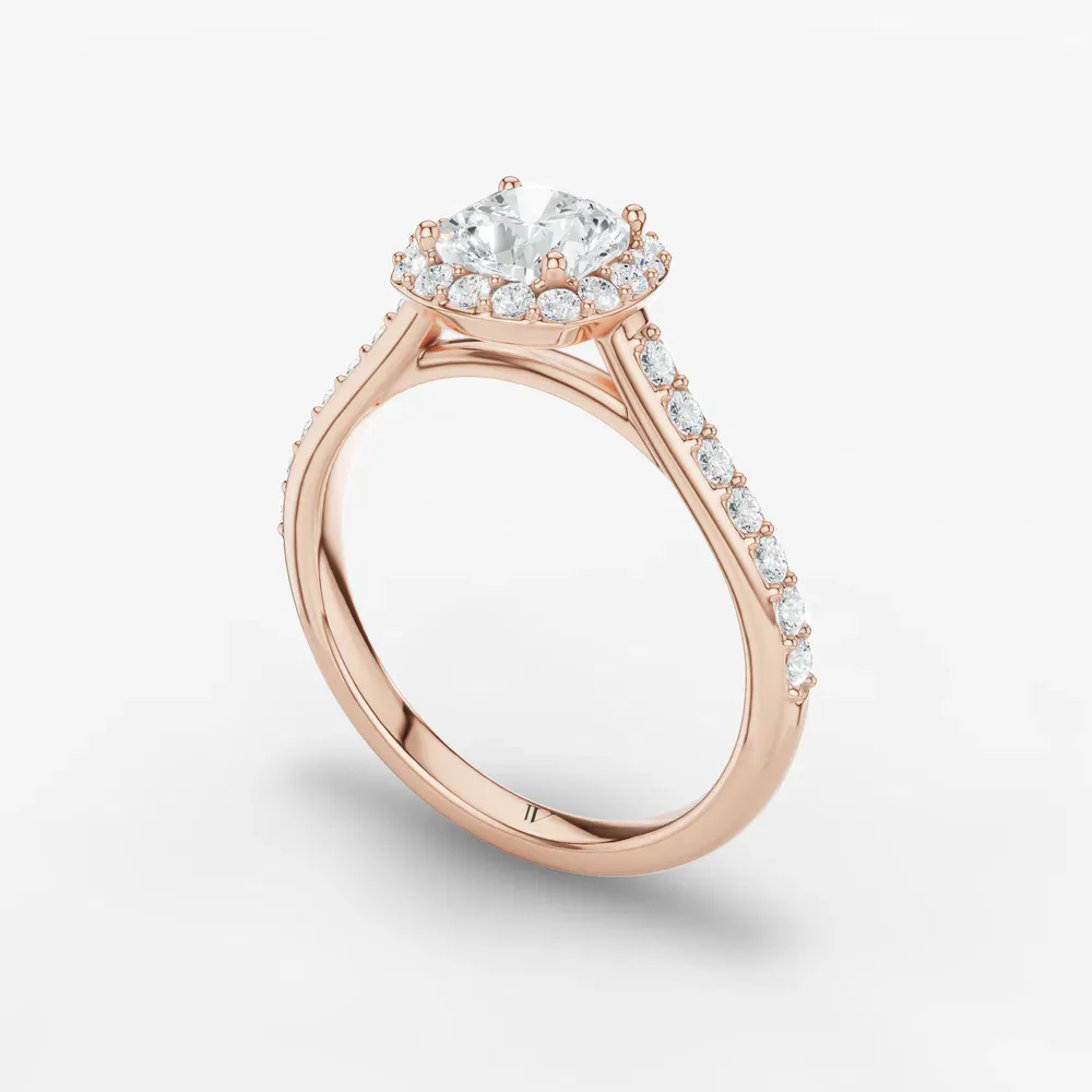 Certified 1 carat Lab Grown Diamond Cushion Cut Pavé, Halo, Cathedral Engagement Ring in 14K Rose Gold-Kvolt