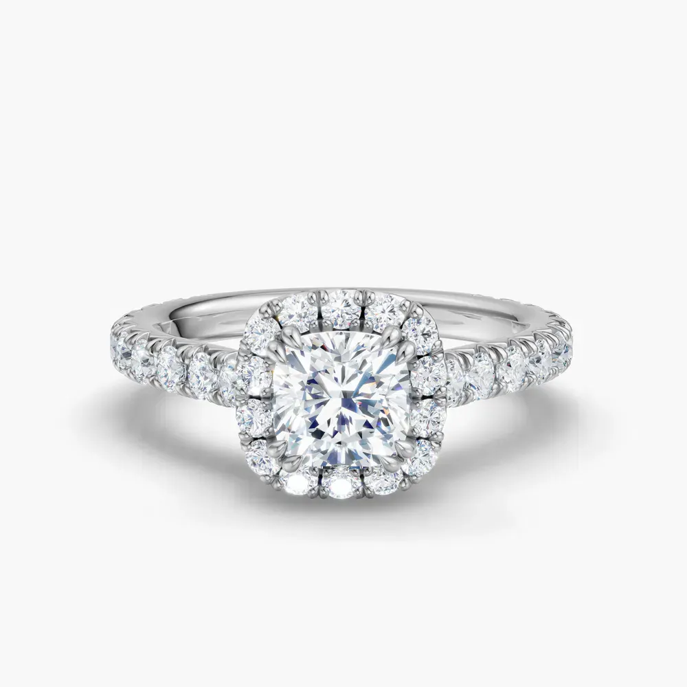 Certified 1 carat Lab Grown Diamond Cushion Cut Cathedral, Pavé, Halo Engagement Ring in 14K White Gold-Zaria