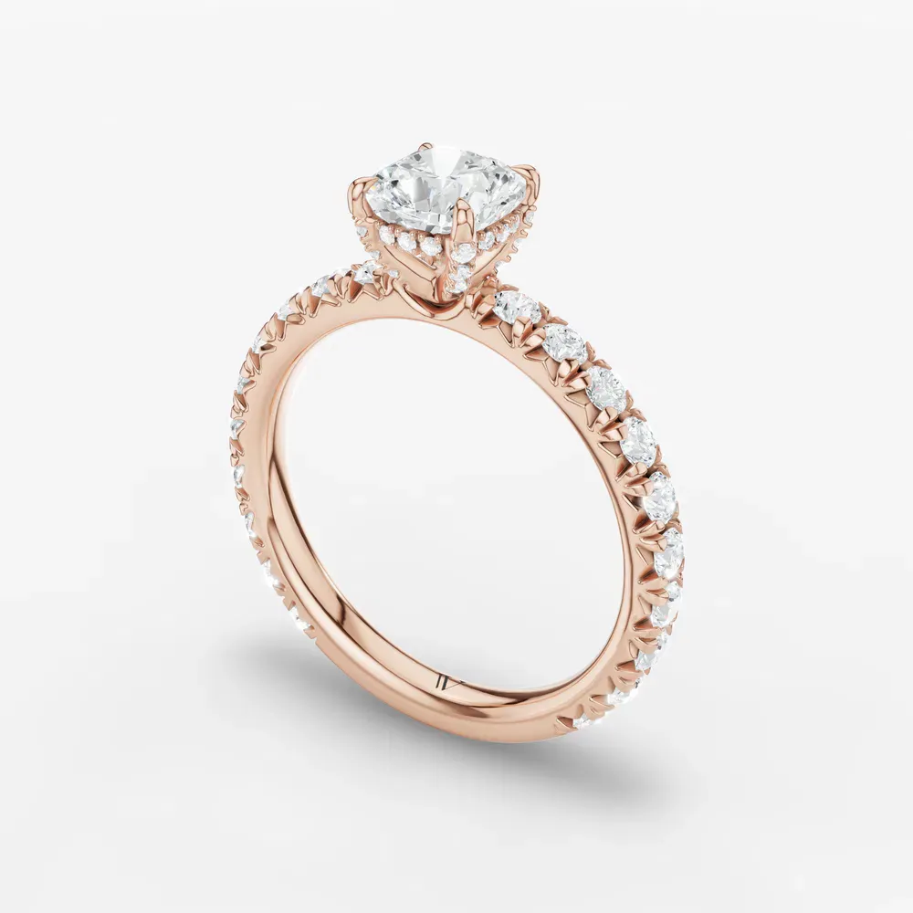 Certified 1 carat Lab Grown Diamond Cushion Cut Pavé, Hidden Halo, Low profile Engagement Ring in 14K Rose Gold-Cyrra