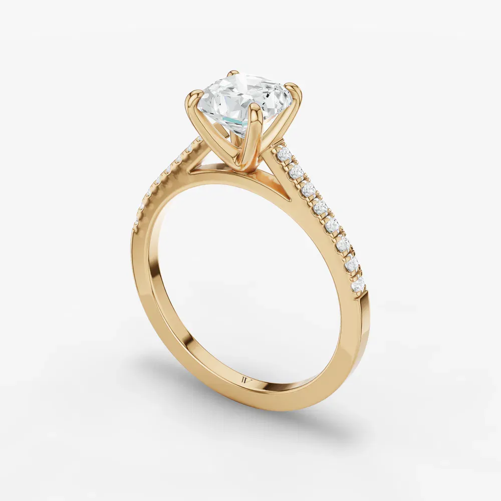 Certified 1 carat Lab Grown Diamond Cushion Cut Pavé, Cathedral Engagement Ring in 14K Yellow Gold-Zirellun