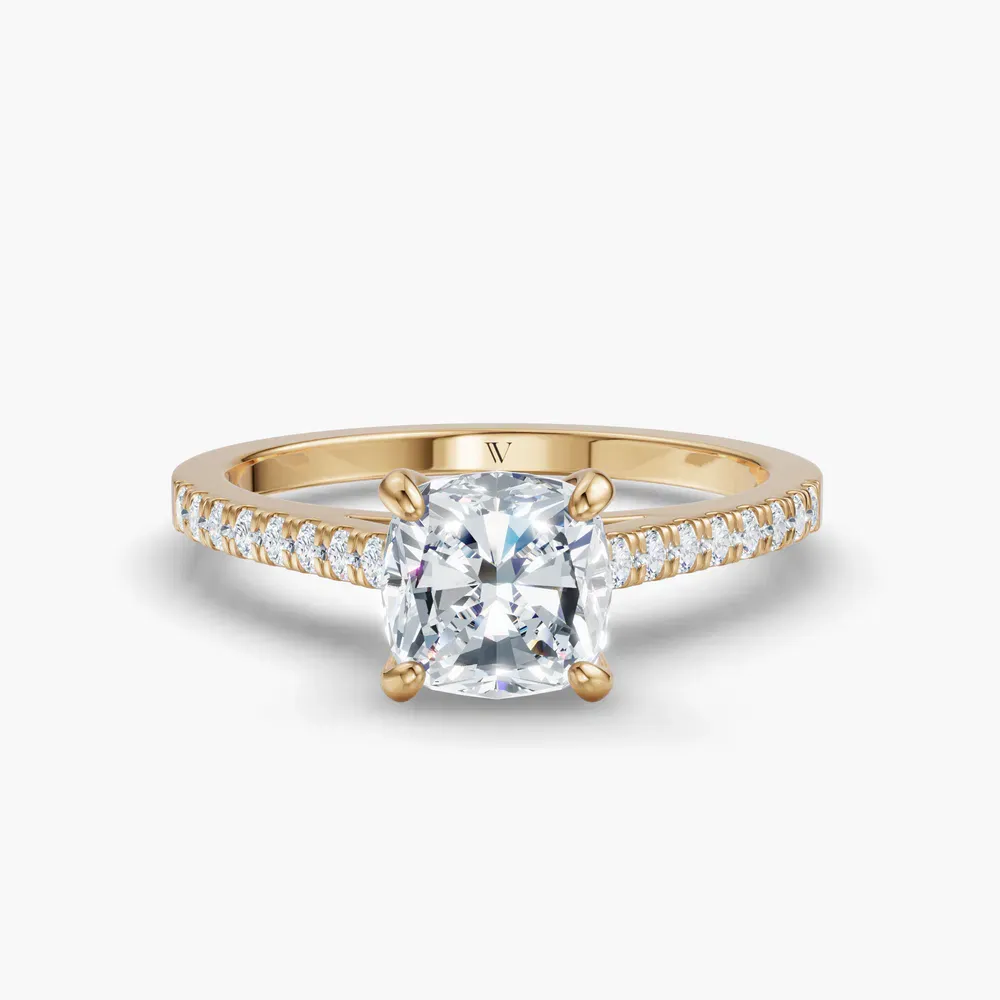 Certified 1 carat Lab Grown Diamond Cushion Cut Pavé, Cathedral Engagement Ring in 14K Yellow Gold-Zirellun