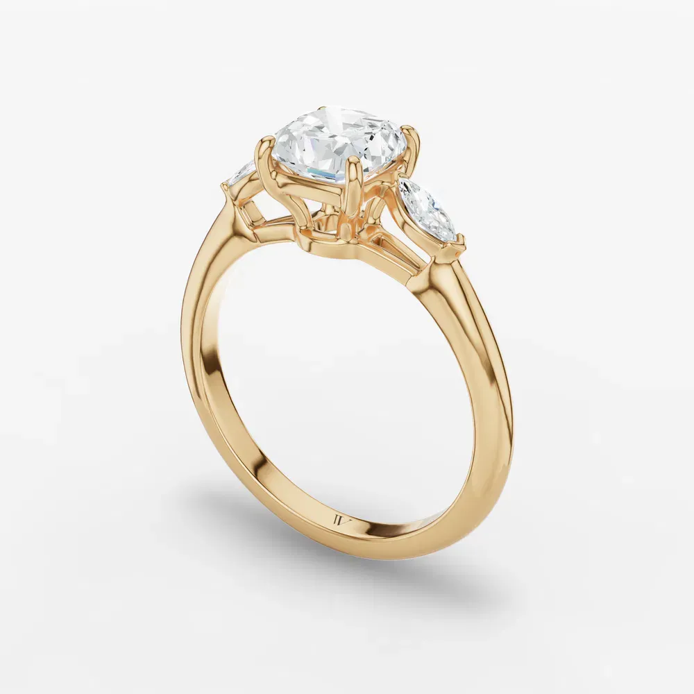 Certified 1 carat Lab Grown Diamond Cushion Cut Three Stone, Side Stone Engagement Ring in 14K Yellow Gold-Glow