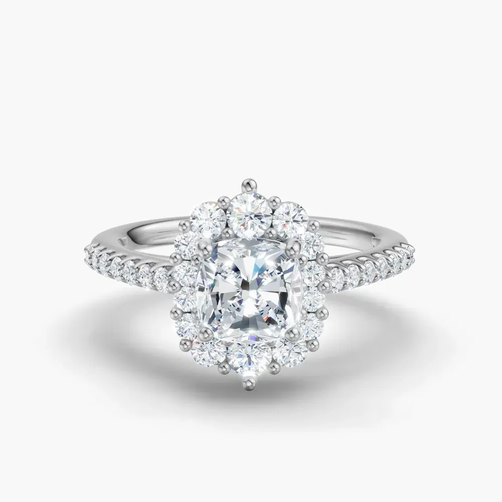 Certified 1 carat Lab Grown Diamond Cushion Cut Pavé, Halo, Cathedral Engagement Ring in 14K White Gold-Mirey