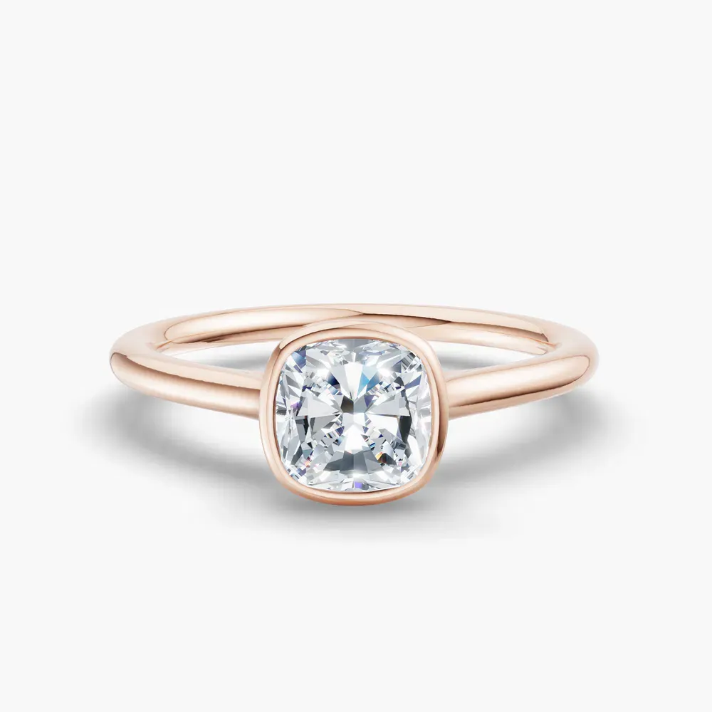 Certified 1 carat Lab Grown Diamond Cushion Cut Solitaire, Bezel, Cathedral Engagement Ring in 14K Rose Gold-Borvi