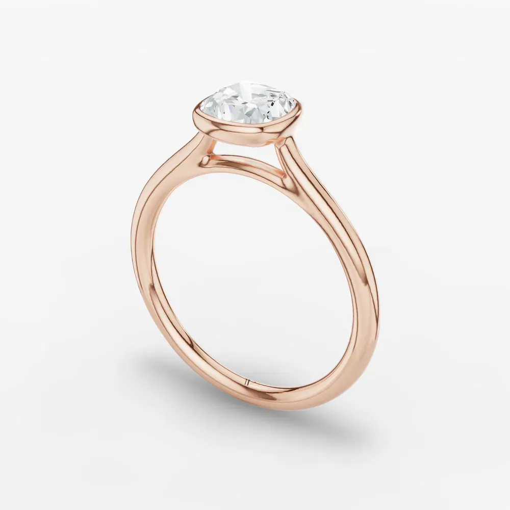 Certified 1 carat Lab Grown Diamond Cushion Cut Solitaire, Bezel, Cathedral Engagement Ring in 14K Rose Gold-Borvi