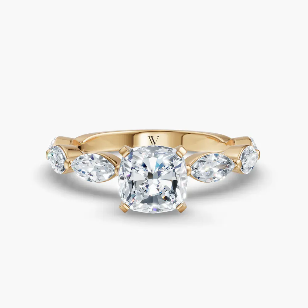Certified 1 carat Lab Grown Diamond Cushion Cut Side Stone Engagement Ring in 14K Yellow Gold-Trind