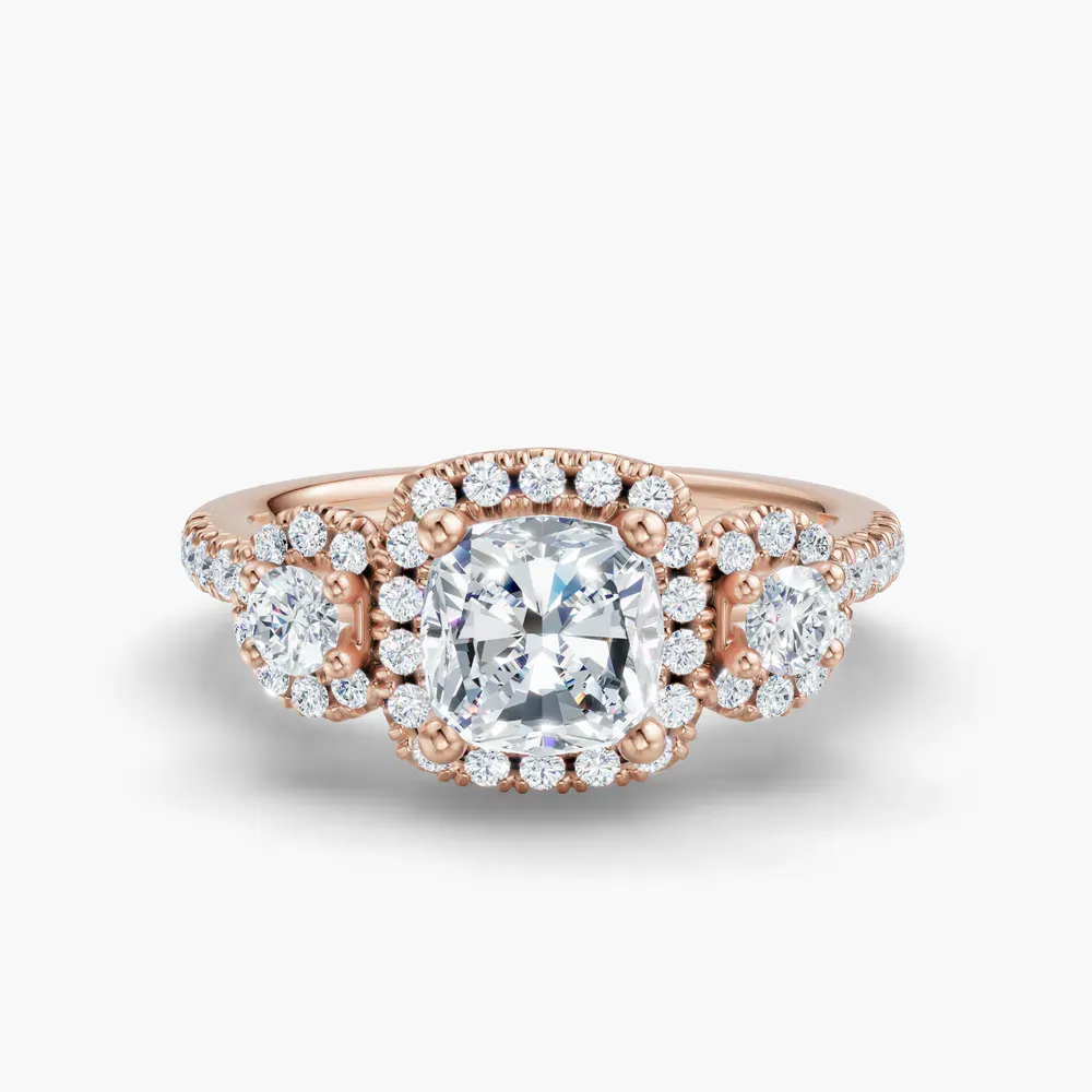 Certified 1 carat Lab Grown Diamond Cushion Cut Three Stone, Halo, Hidden Halo Engagement Ring in 14K Rose Gold-Hylor