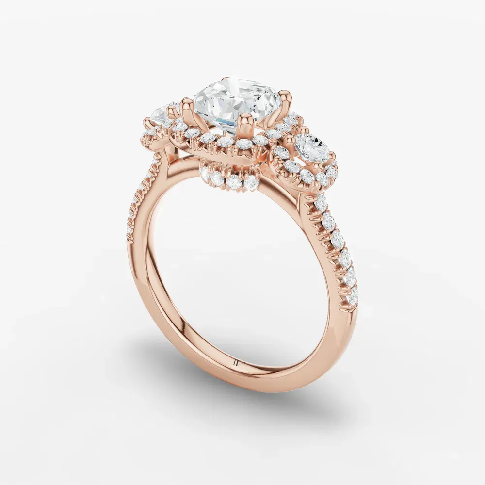 Certified 1 carat Lab Grown Diamond Cushion Cut Three Stone, Halo, Hidden Halo Engagement Ring in 14K Rose Gold-Hylor