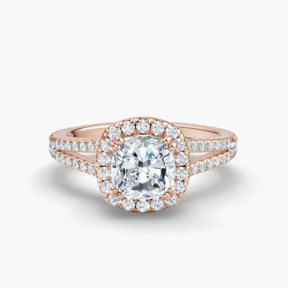 Certified 1 carat Lab Grown Diamond Cushion Cut Pavé, Halo, Cathedral Engagement Ring in 14K Rose Gold-Gexis