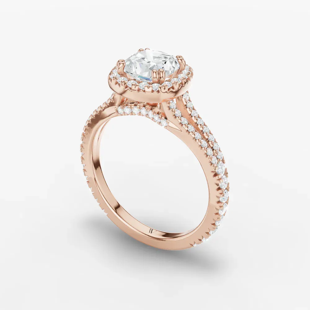 Certified 1 carat Lab Grown Diamond Cushion Cut Pavé, Halo, Cathedral Engagement Ring in 14K Rose Gold-Gexis