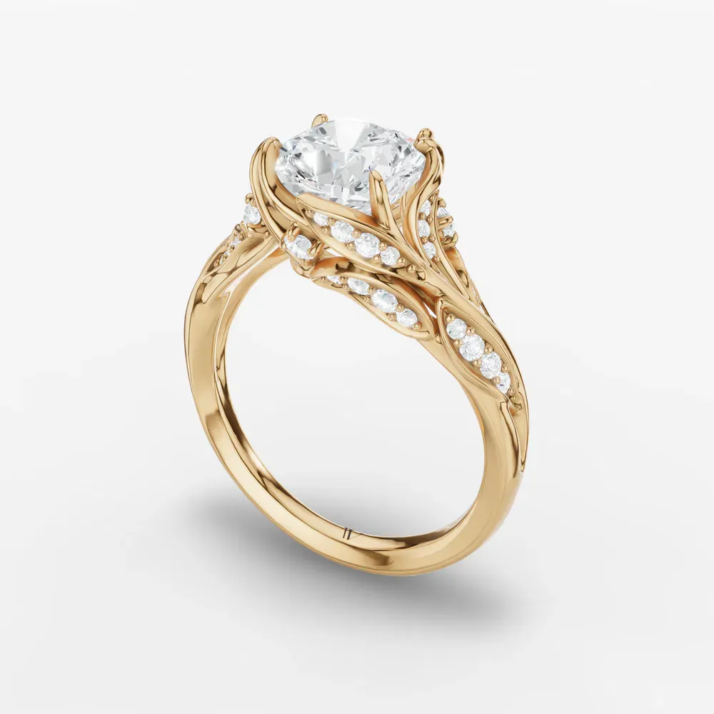 Certified 1 carat Lab Grown Diamond Cushion Cut Nature inspired, Twist, Pavé Engagement Ring in 14K Yellow Gold-Hush