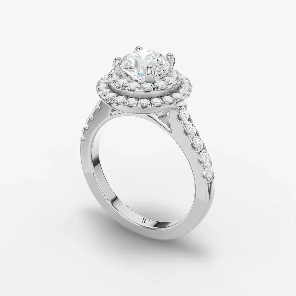 Certified 1 carat Lab Grown Diamond Round Cut Halo, Pavé, Double halo Engagement Ring in 14K White Gold-Brexa