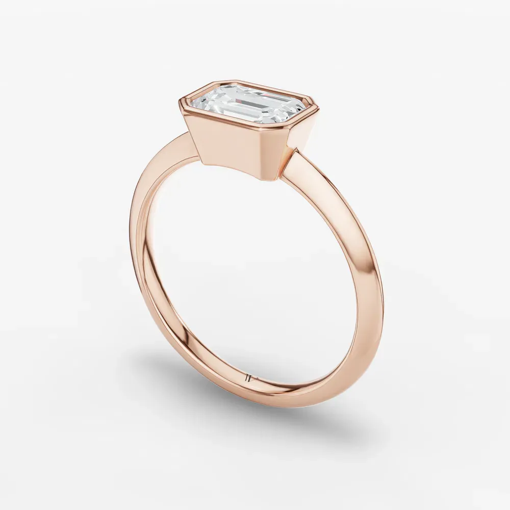 Certified 1 carat Lab Grown Diamond Emerald Cut Bezel, East-West, Solitaire Engagement Ring in 14K Rose Gold-Galen