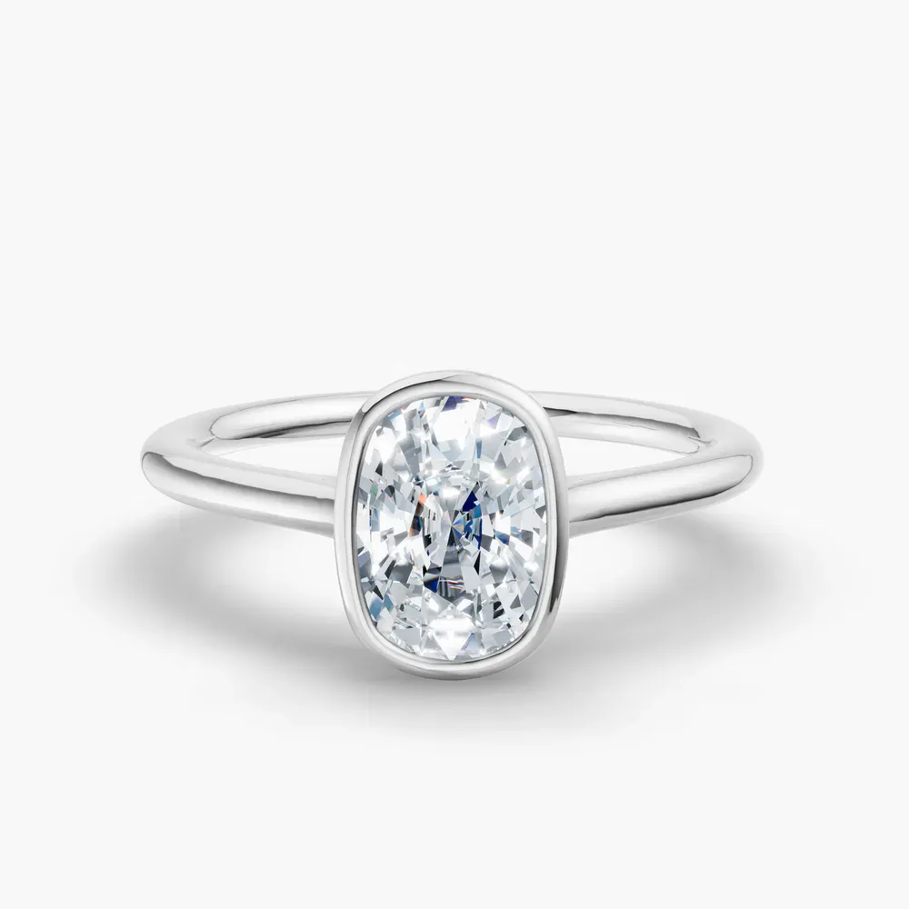 Certified 1 carat Lab Grown Diamond Elongated Cushion Cut Solitaire, Bezel, Cathedral Engagement Ring in 14K White Gold-Borvi