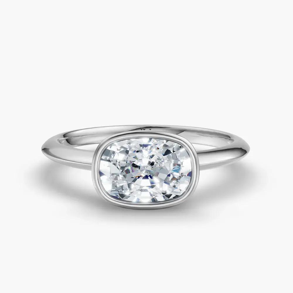 Certified 1 carat Lab Grown Diamond Elongated Cushion Cut Bezel, East-West, Solitaire Engagement Ring in 14K White Gold-Galen