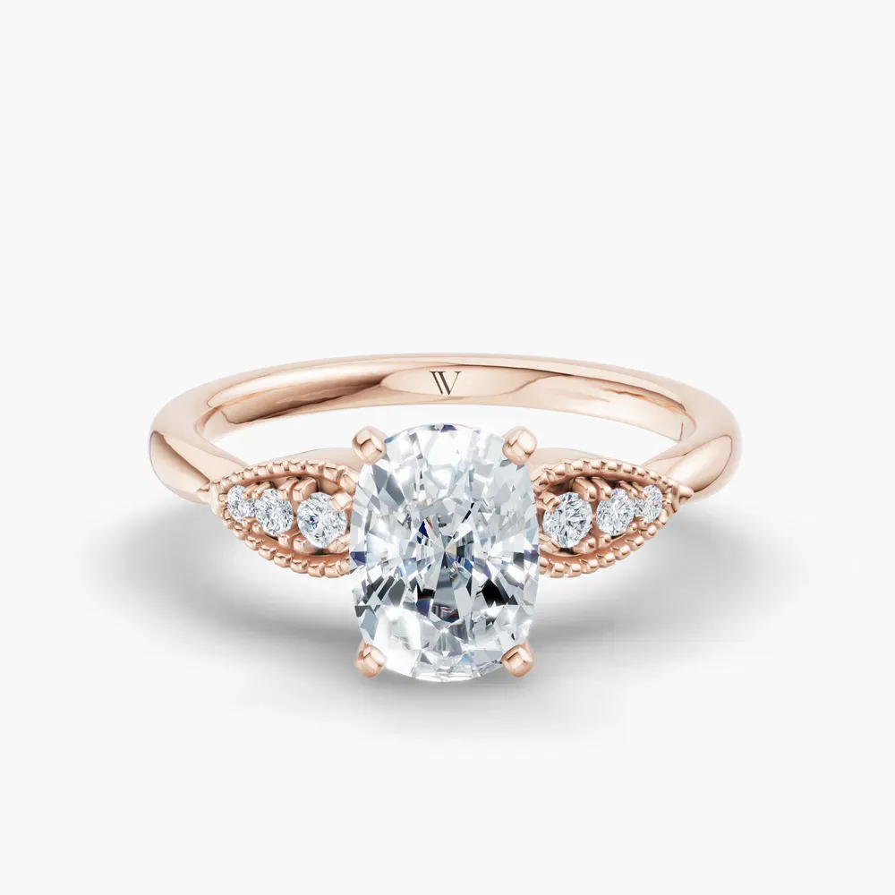 Certified 1 carat Lab Grown Diamond Elongated Cushion Cut Milgrain, Vintage, Side Stone Engagement Ring in 14K Rose Gold-Yerlin