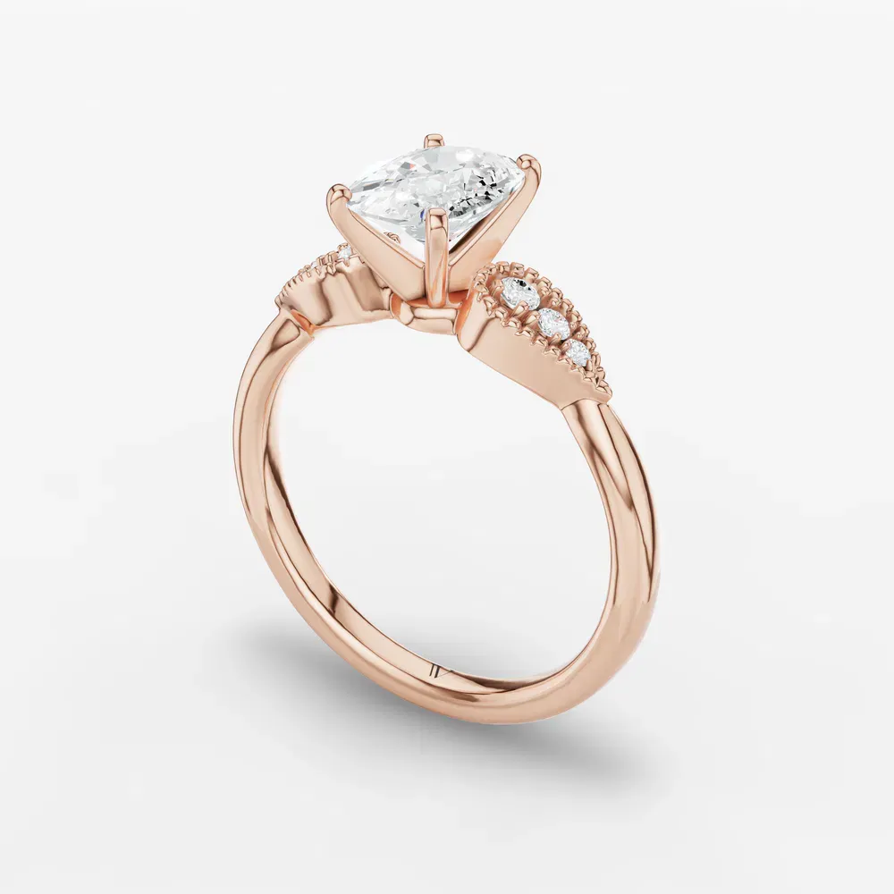 Certified 1 carat Lab Grown Diamond Elongated Cushion Cut Milgrain, Vintage, Side Stone Engagement Ring in 14K Rose Gold-Yerlin